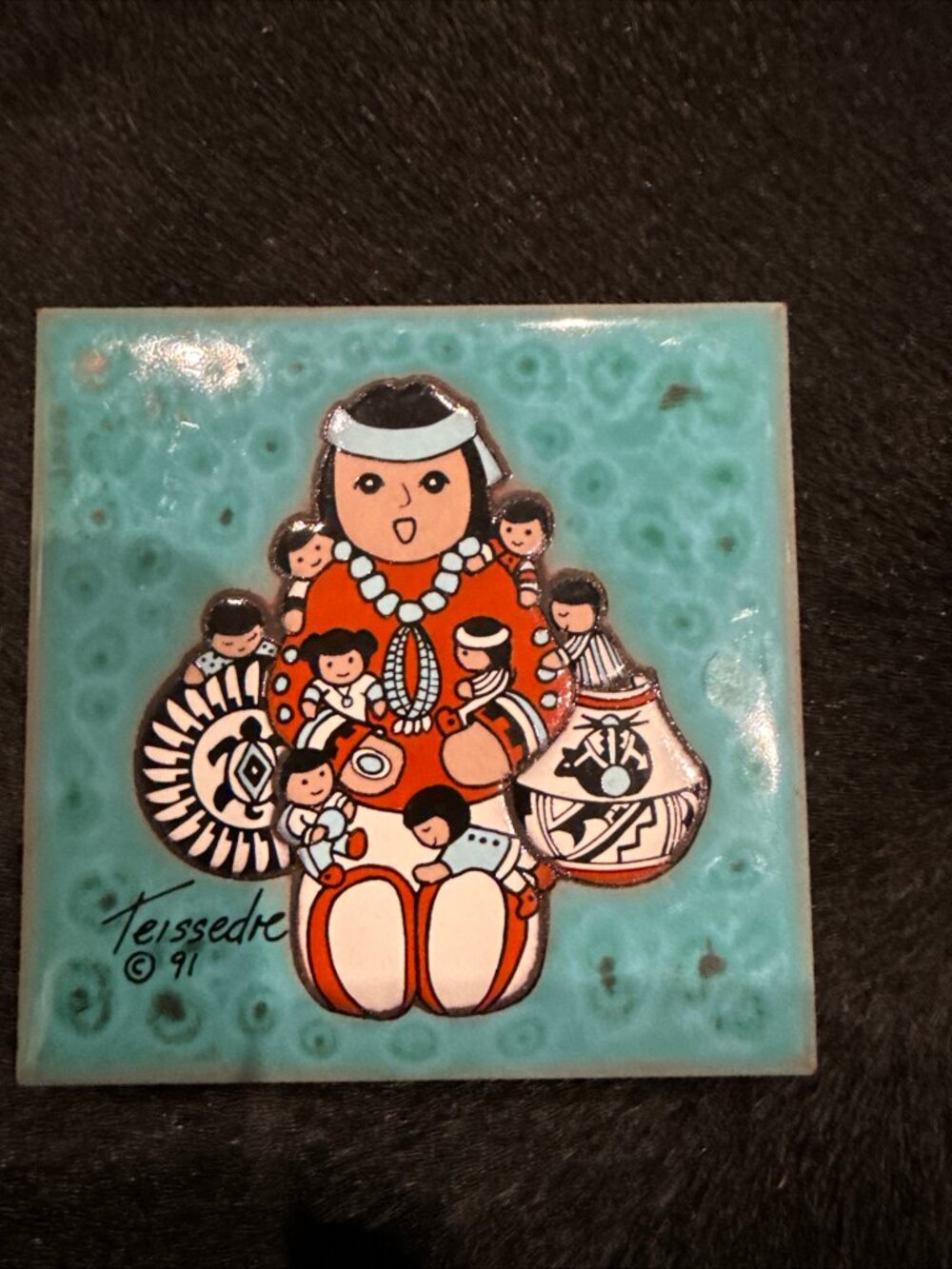 Cleo Teissedre Ceramic Tile 4" Wall Art Trivet Coaster Native Mother & Children
